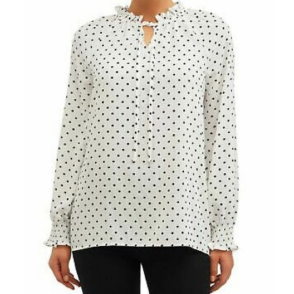 🔺️White w/Black Polka Dot Long Sleeve Top Large